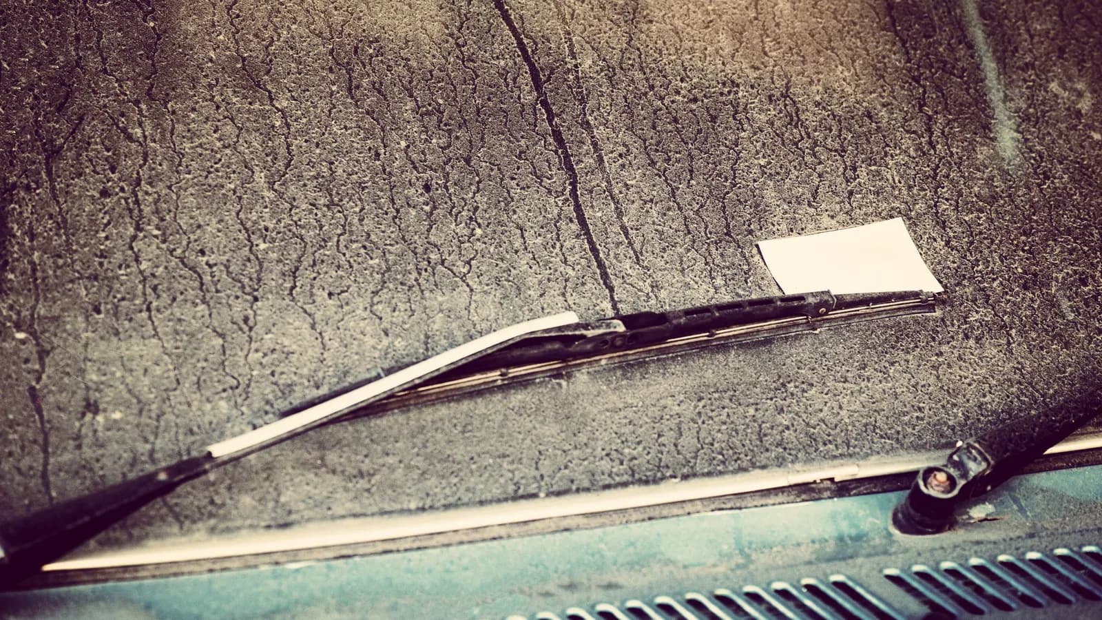 A small paper note tucked under a car's windscreen wiper.