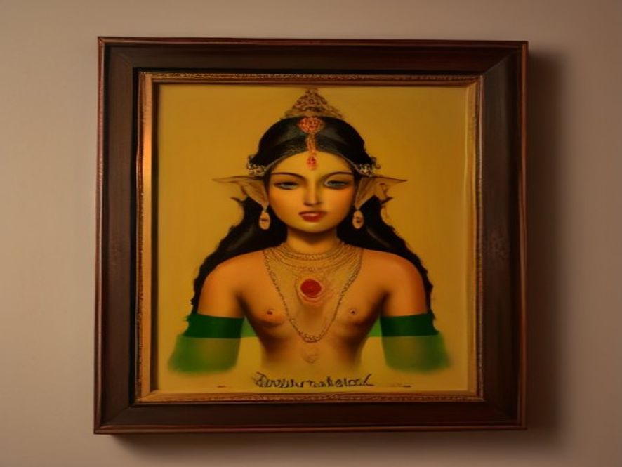 Kerala mural painting on canvas, 3 x 2 ft — framed