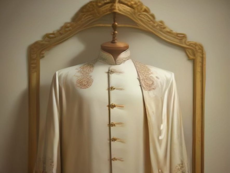 Sherwani, size 40, worn once — with dupatta and mojari
